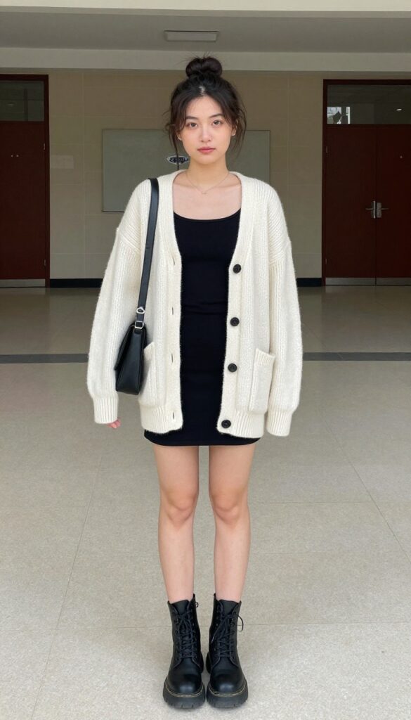 4. Slip Dress + Chunky Knit Cardigan + Combat Boots