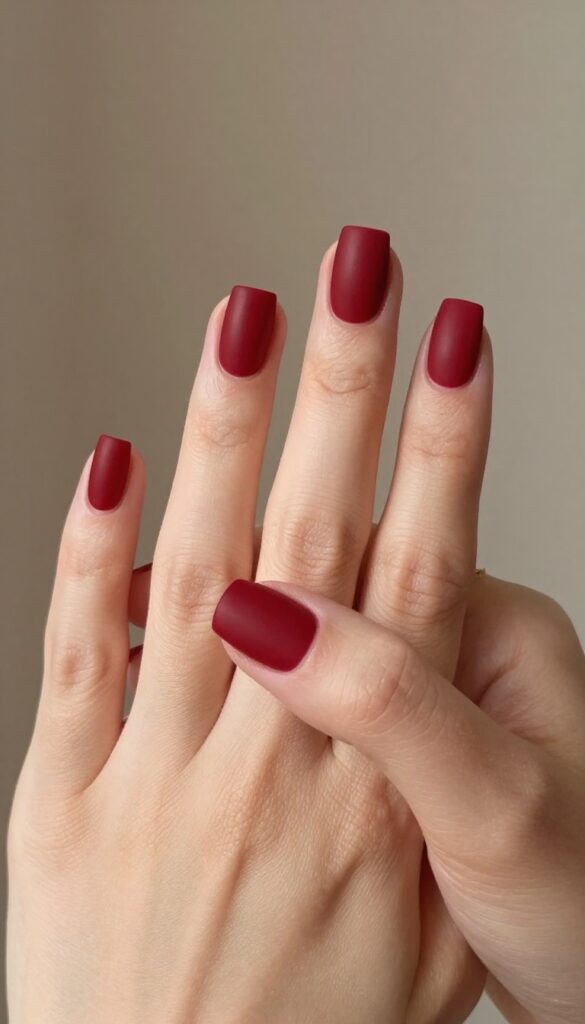 Crimson velvet nails with matte finish on rounded square shape