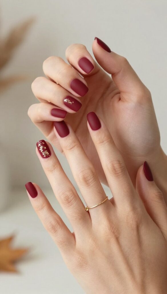 Matte merlot nails with gold foil accents on the ring finger