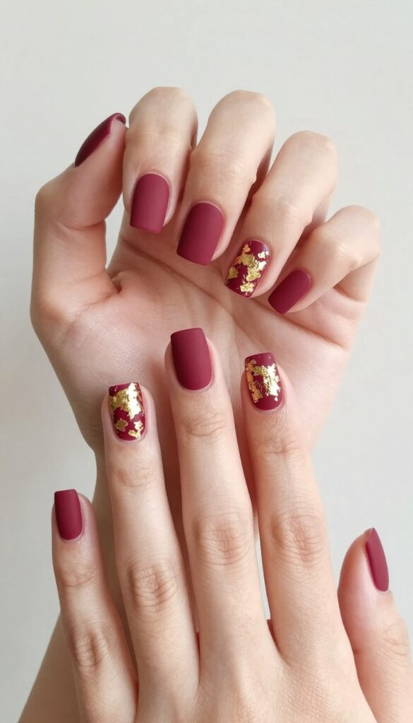 Matte merlot nails with gold foil accents on square medium shape