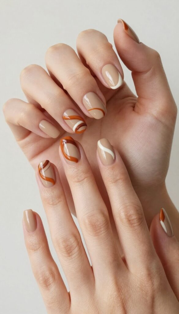 Pumpkin spice swirl nails with burnt orange and cinnamon swirls on a creamy beige base