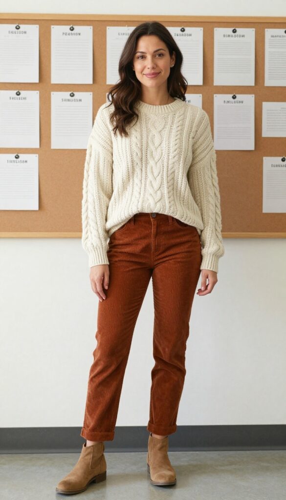 10. Cable-Knit Sweater + Corduroy Pants + Desert Boots