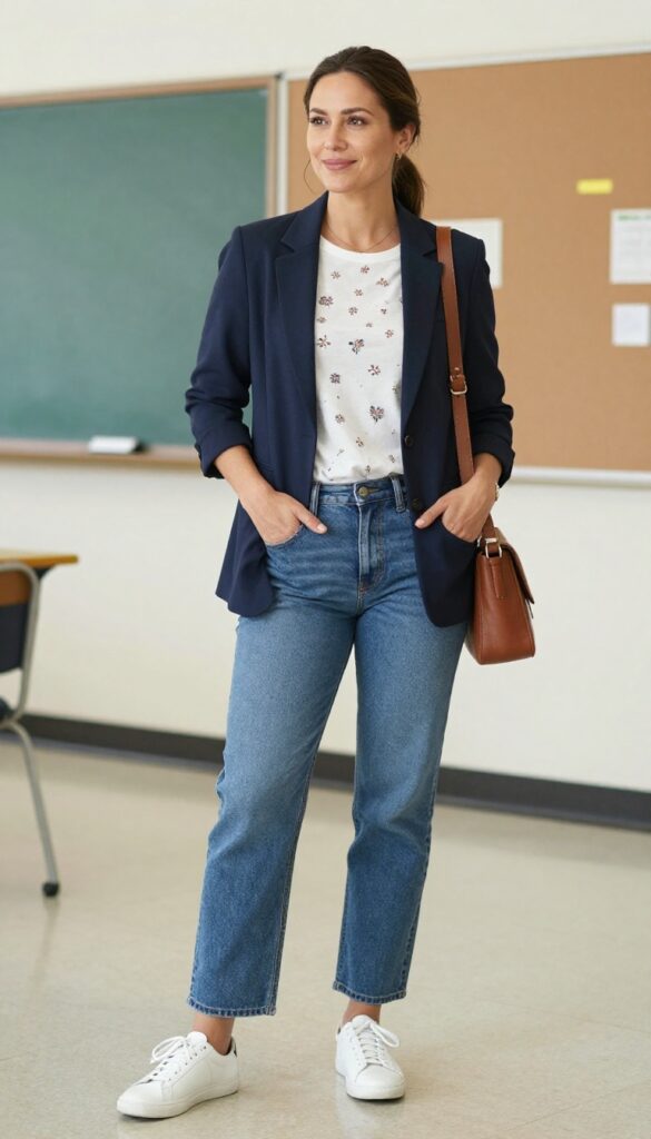 7. Blazer + Graphic Tee + Straight-Leg Jeans