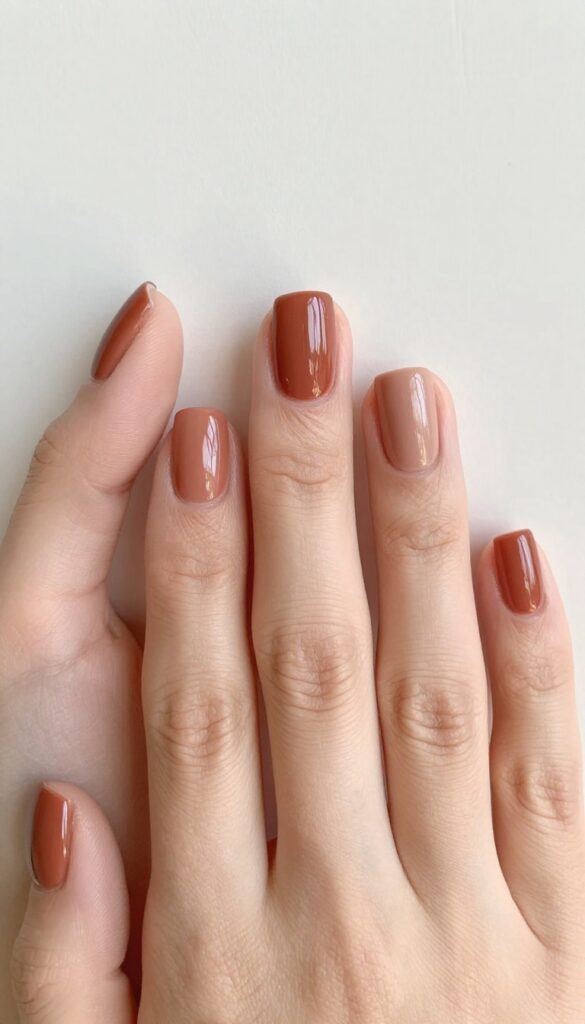 Short square nails in muted terracotta with glossy finish