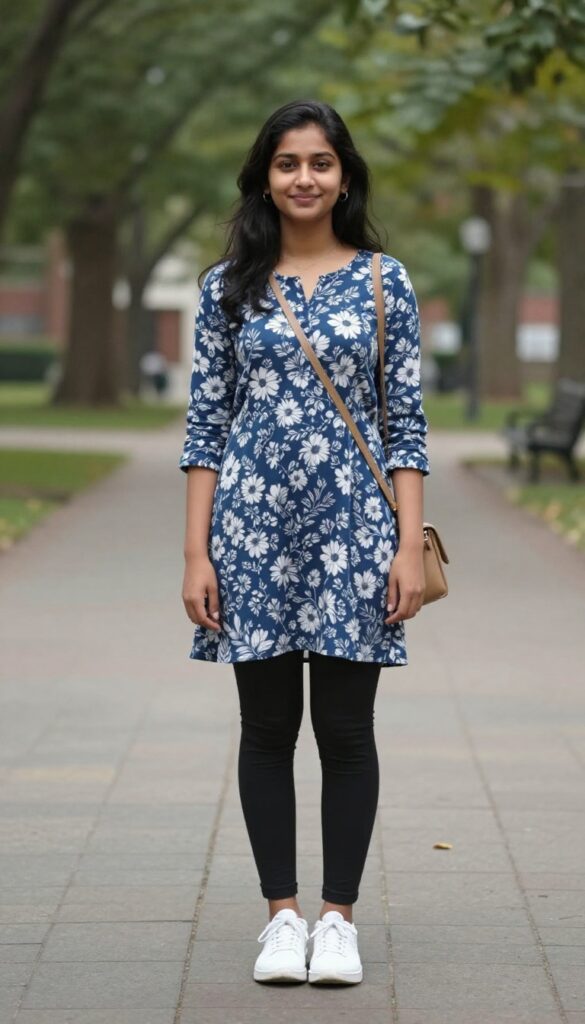 5. Printed Tunic with Leggings and Sneakers