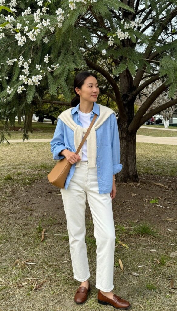 8. Chambray Shirt + Knit Vest + White Jeans