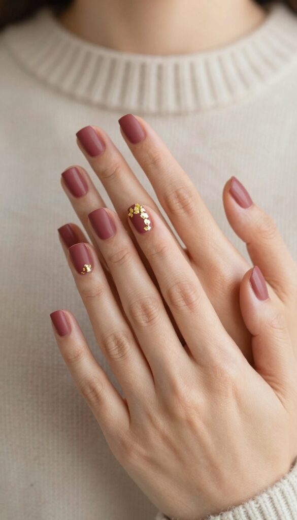 Short nails with matte merlot polish and gold foil accents