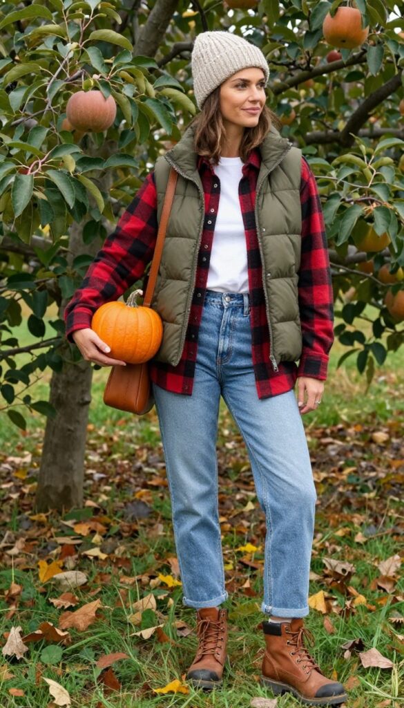 13. Puffer Vest + Flannel Shirt + Mom Jeans + Hiking Boots