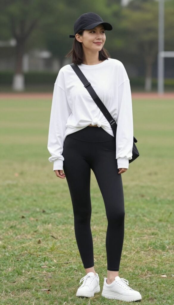 1. High-Waisted Leggings with a Long Tee and Sneakers