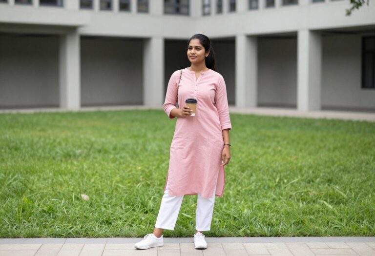 Young Indian woman in pastel pink kurti and white pants on college campus