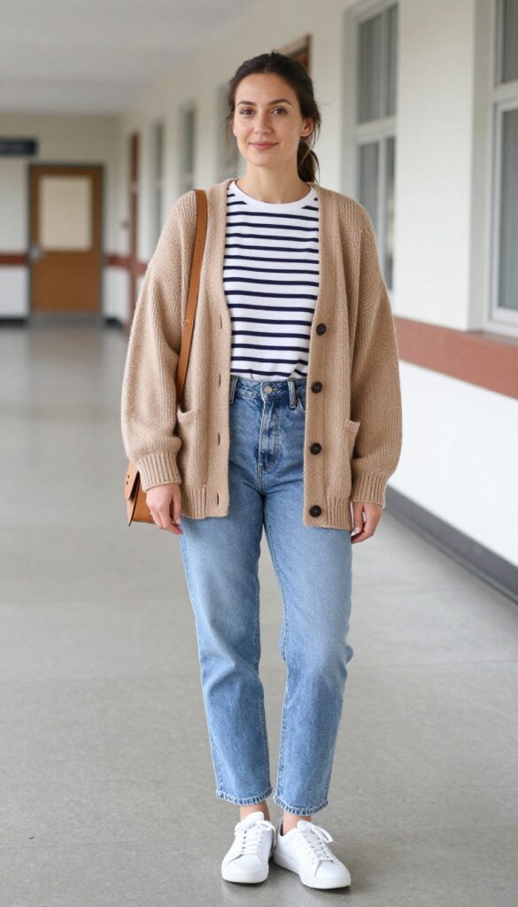 1. Cozy Cardigan with Striped Tee and Straight-Leg Jeans