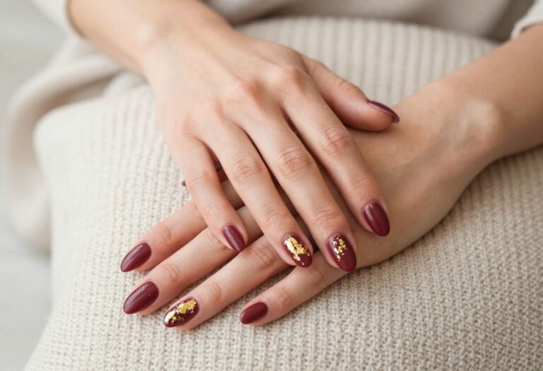 Short almond nails in matte merlot with gold foil accents
