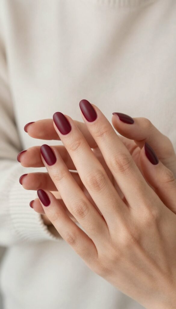 Velvet burgundy matte nails on medium almond shape
