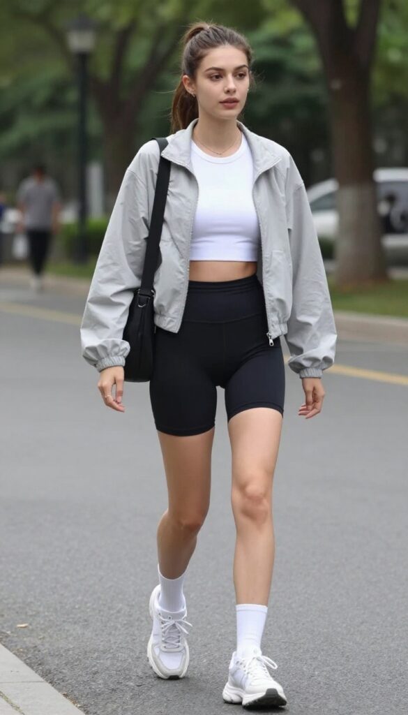 12. Athletic Zip-Up Jacket with Bike Shorts and Crew Socks