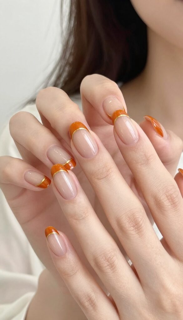 Pumpkin spice French tip nails with gold accent line on almond-shaped nails