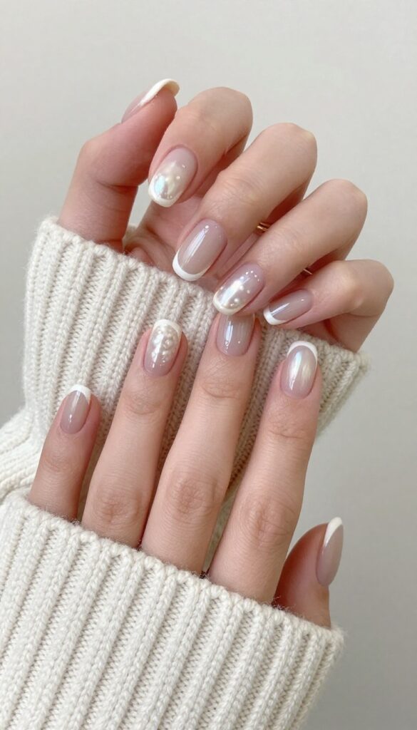 Pearl French manicure with sheer nude base and rounded pearly white tips on short almond nails, styled with knit sweater and gold jewelry.