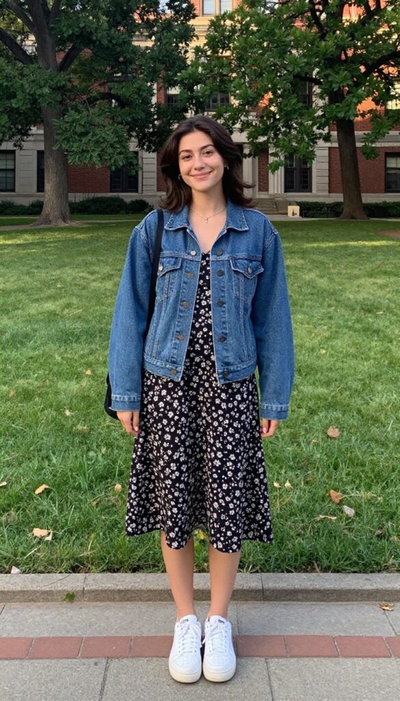 8. Denim Jacket Over a Midi Dress
