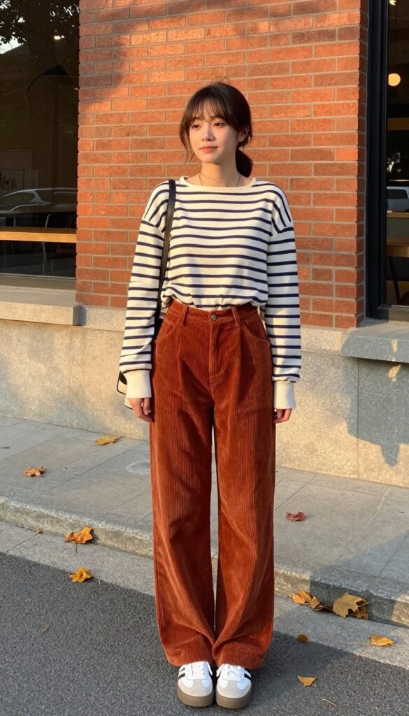7. Corduroy Pants with a Striped Boatneck Top