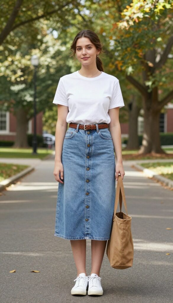 8. Button-Front Midi Skirt with a Fitted T-Shirt and Sneakers