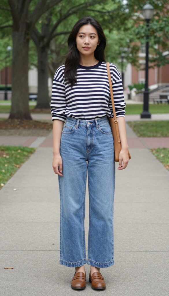 3. Striped Breton Top + High-Waisted Wide-Leg Jeans + Loafers