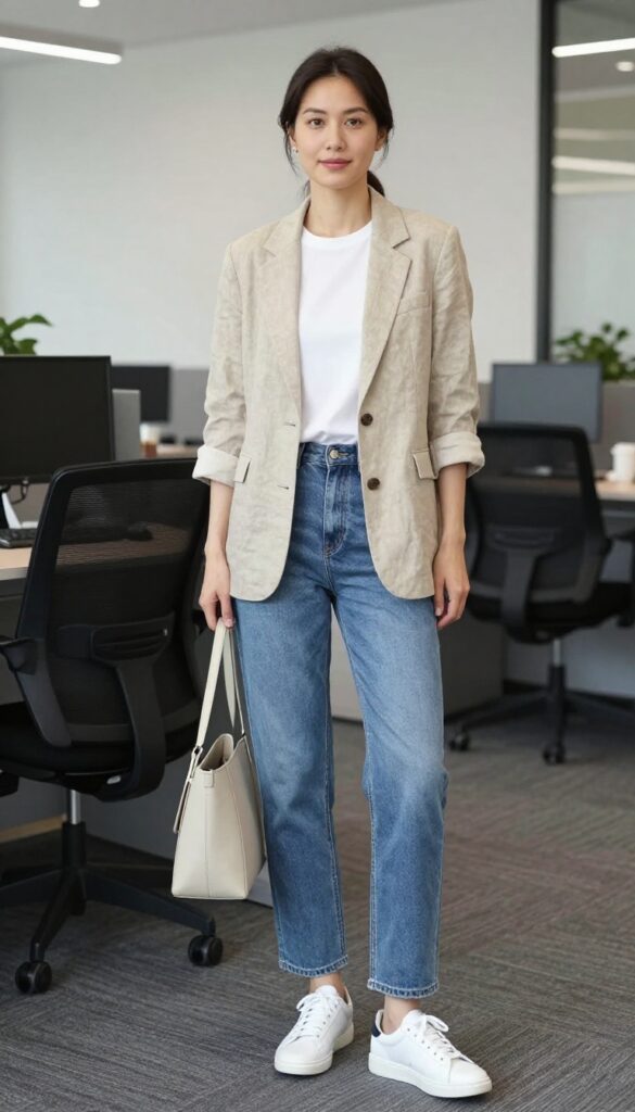 1. Blazer + Classic Jeans + White Tee