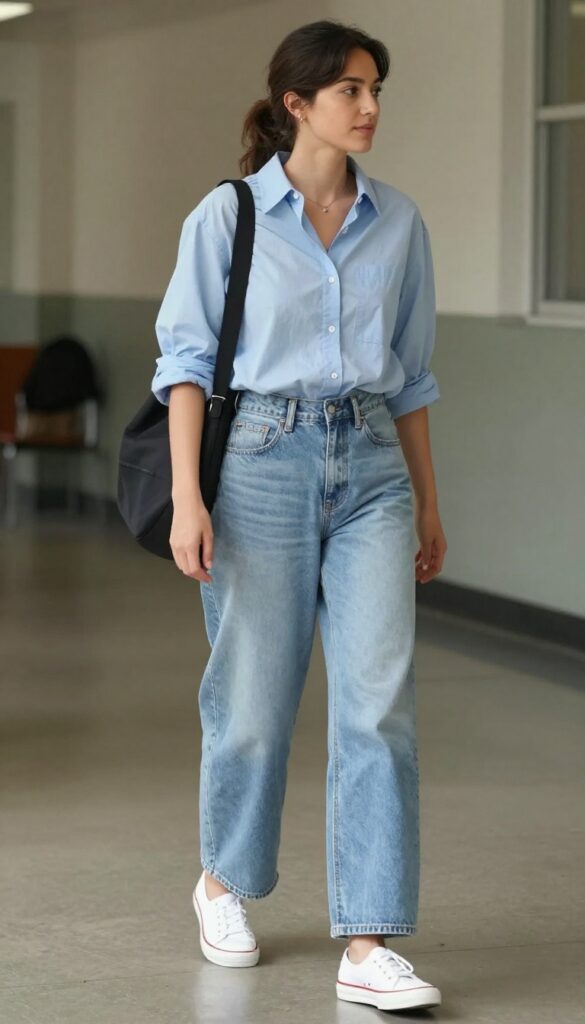4. Button-Down Shirt and Wide-Leg Jeans