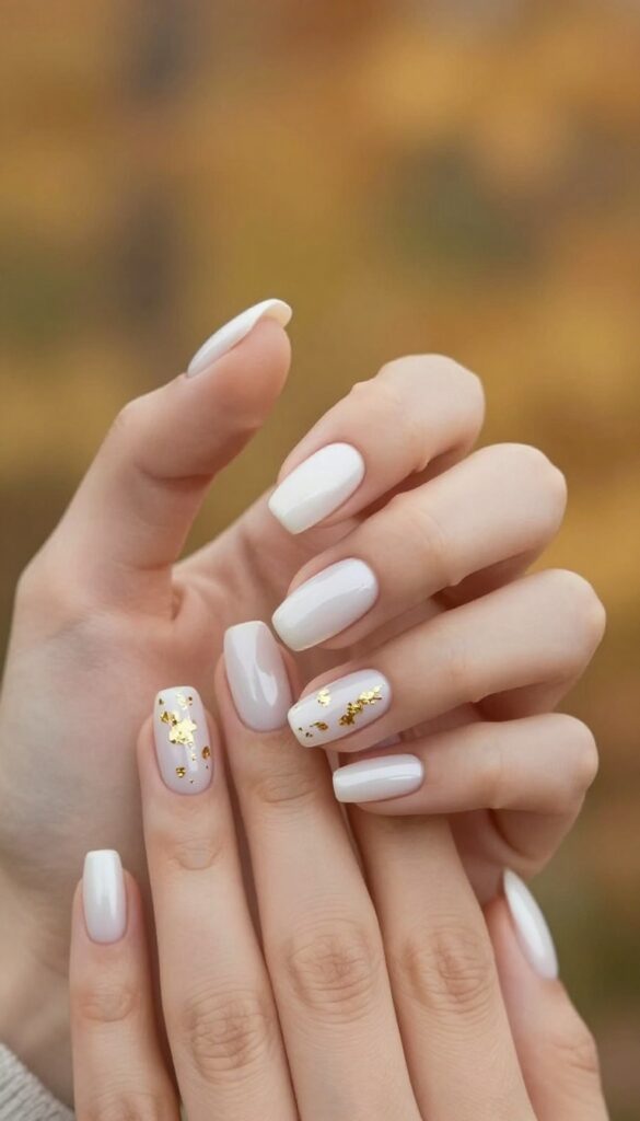 Pearlescent white nails with gold foil accents for a fall wedding