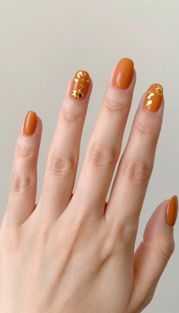 Matte pumpkin nails with gold foil accents on almond-shaped nails