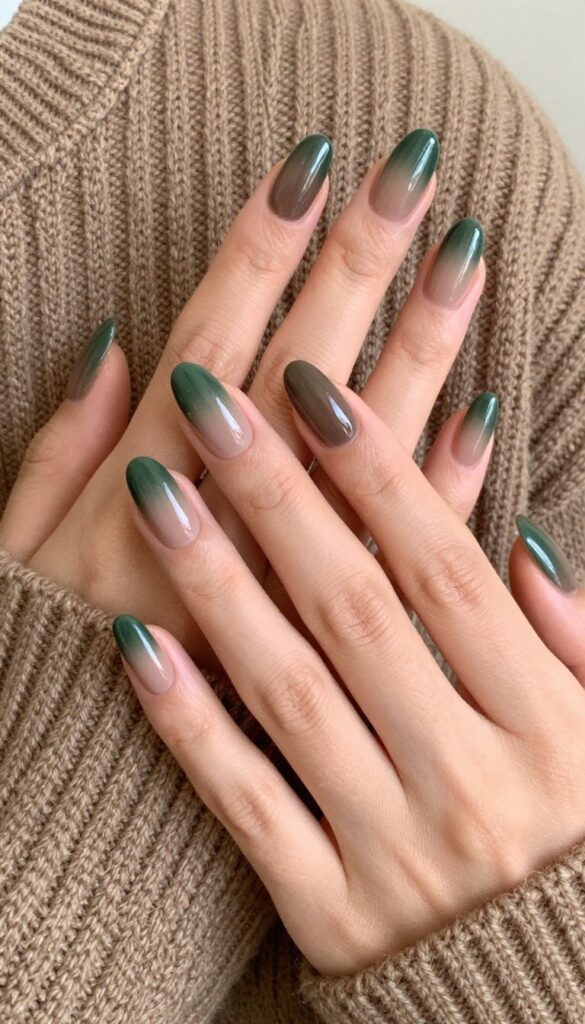 Mossy gradient ombré nails with hunter green fading to taupe on almond-shaped nails, glossy finish