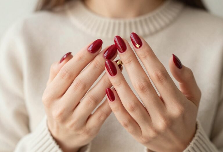 Bold red fall nail ideas with glossy cranberry polish and gold foil accents