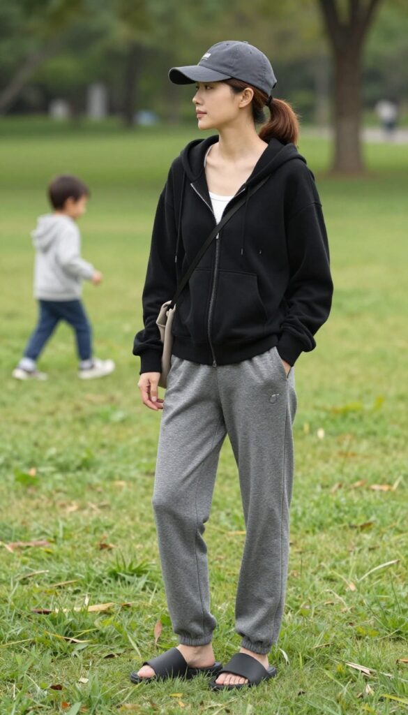 14. Track Pants + Zip-Up Hoodie + Slides