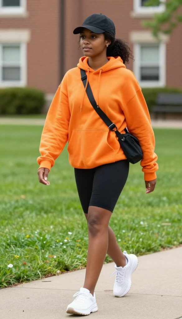 4. Hoodie + Biker Shorts + Chunky Sneakers