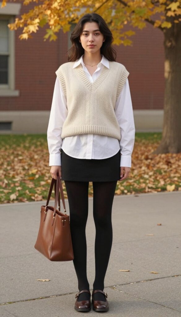 7. Sweater Vest + Button-Down + Mini Skirt
