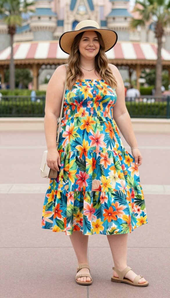 2. Tiered Midi Dress + Comfortable Sandals + Straw Hat