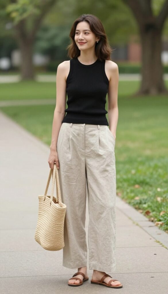 5. Knit Tank Top with Wide-Leg Trousers and Sandals