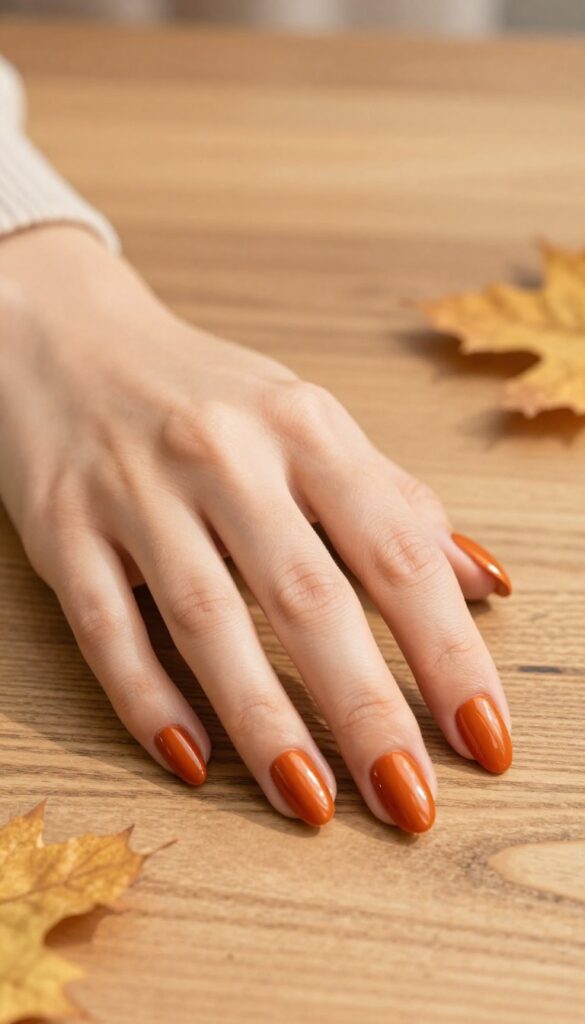 Burnt orange chrome nails with glossy metallic finish on short almond shape