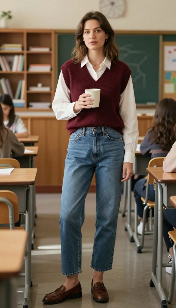 9. Sweater Vest over a Button-Down with Straight-Leg Jeans