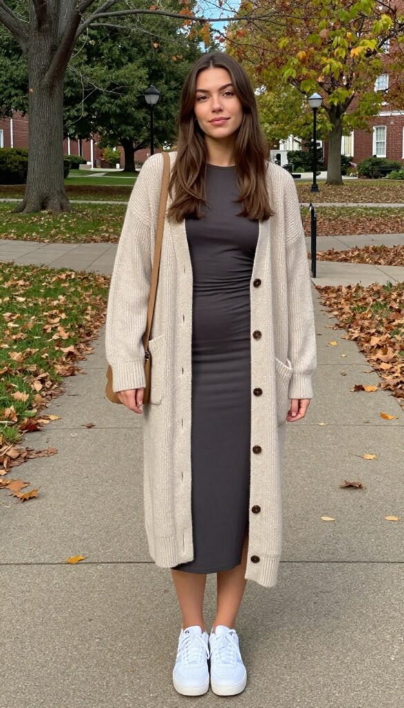 3. Long Cardigan over a Midi Dress