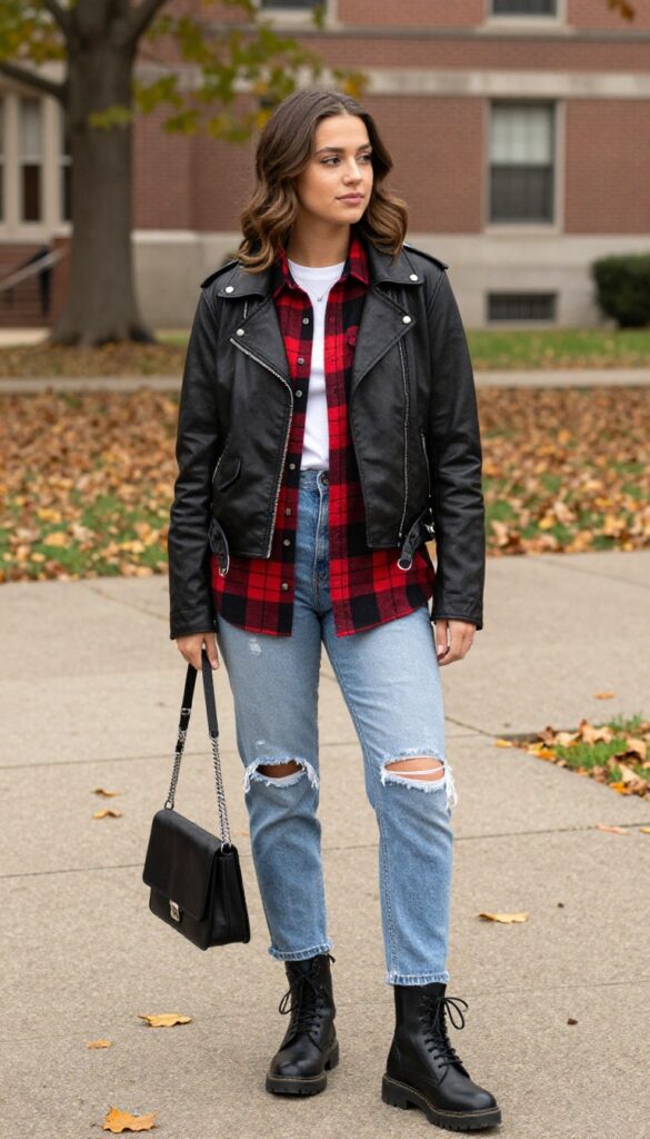 11. Leather Jacket + Plaid Shirt + Ripped Jeans