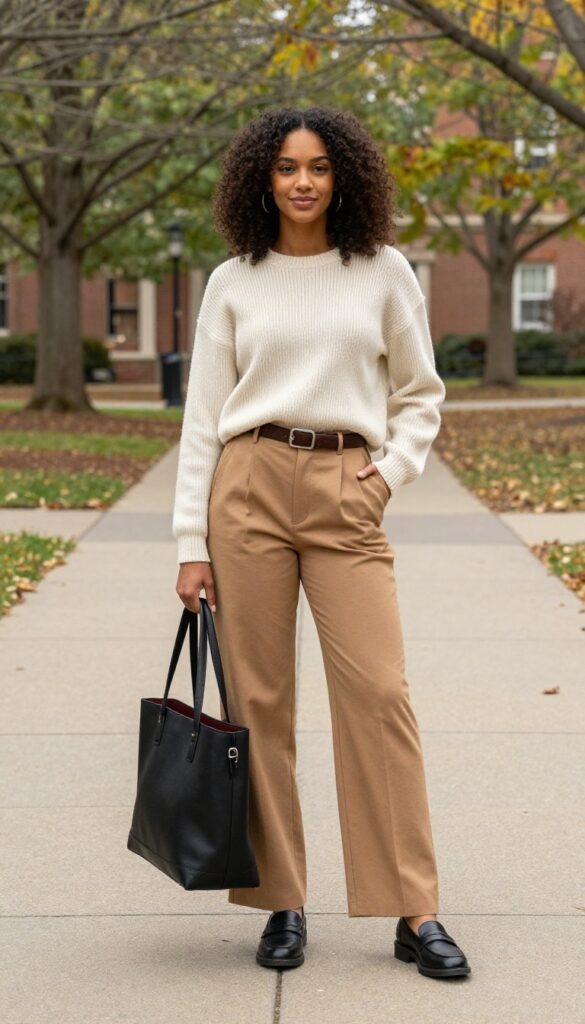 15. Wide-Leg Trousers + Fitted Sweater + Loafers