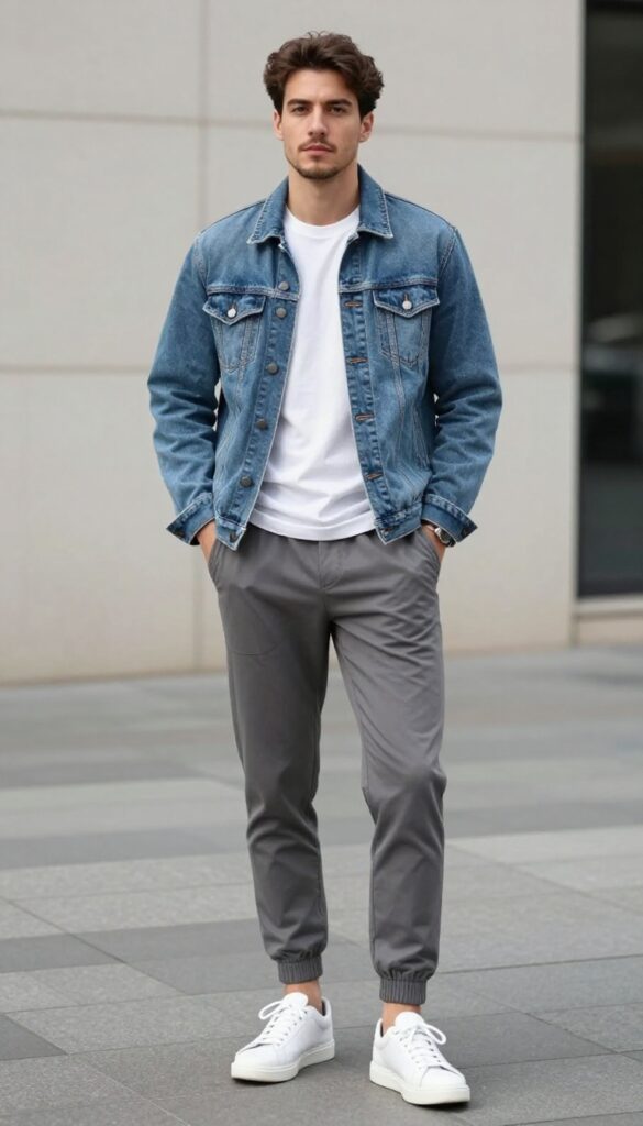 6. The Denim Jacket and Grey Joggers