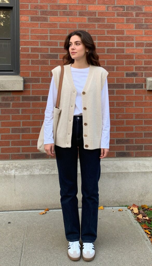 9. Knit Vest + Long-Sleeve Tee + Dark Wash Jeans