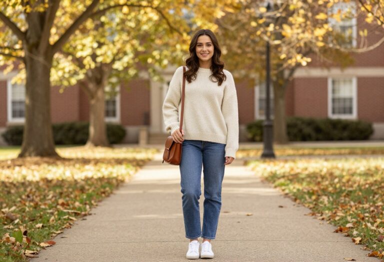 Young woman in cream knit sweater and jeans on campus