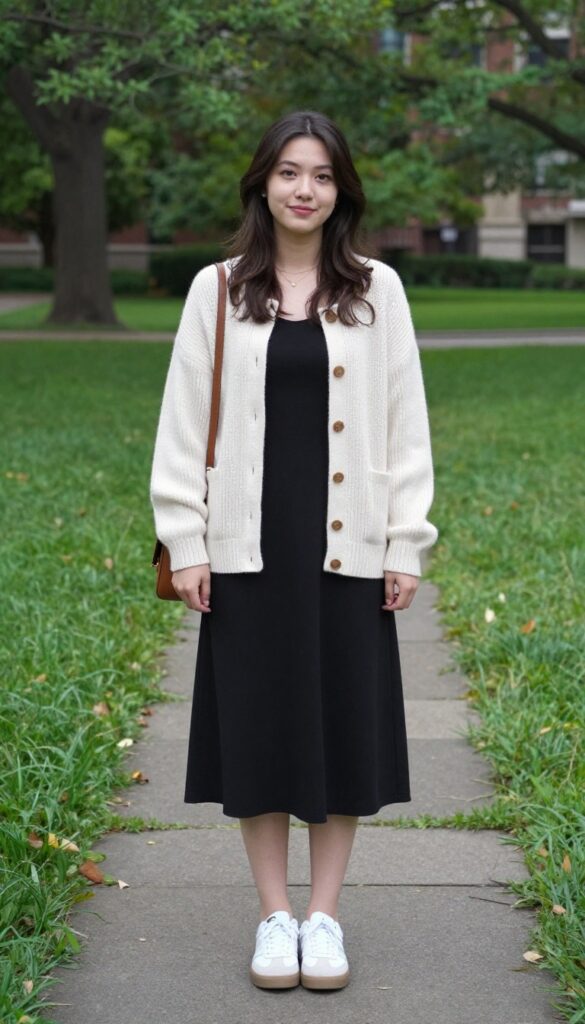 5. Slip Dress with a Chunky Cardigan and White Sneakers