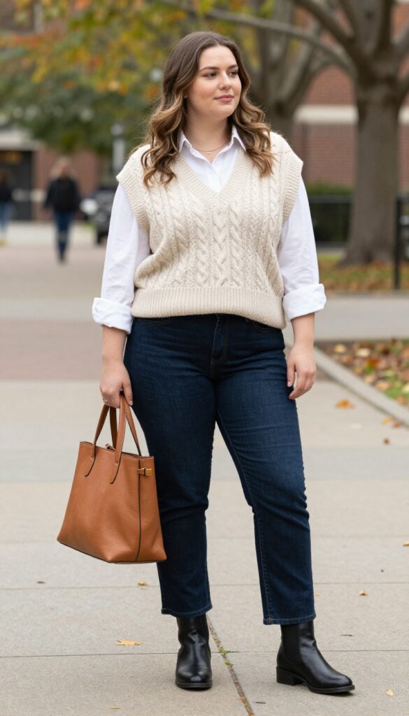 8. Sweater Vest + White Blouse + Dark Wash Bootcut Jeans + Chelsea Boots