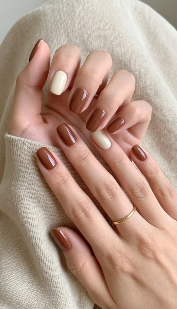 Milk chocolate glazed nails in squoval shape with glossy finish