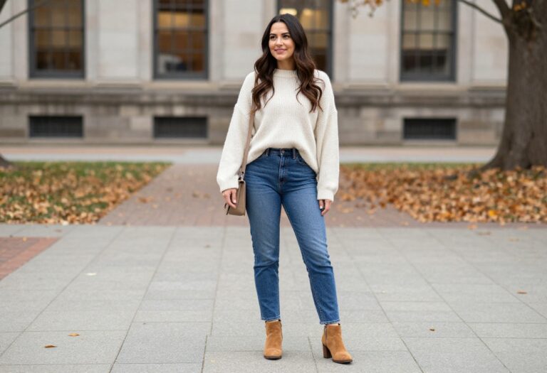 Woman in cozy fall outfit on campus with fallen leaves
