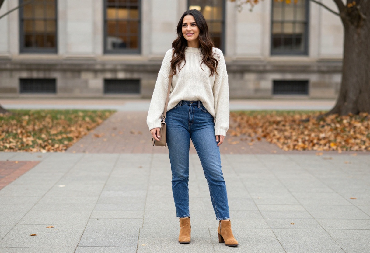 Woman in cozy fall outfit on campus with fallen leaves