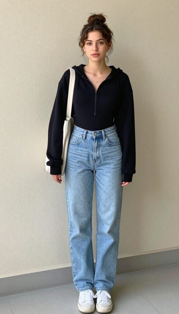 10. Zip-Up Hoodie + Bodysuit + High-Waisted Jeans