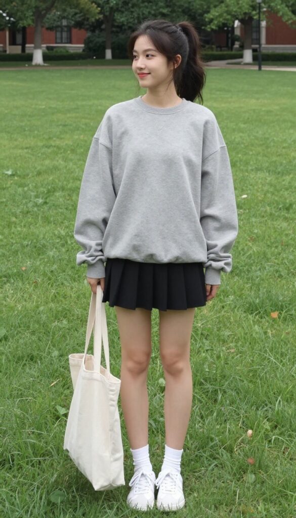 8. Sweatshirt + Pleated Skirt + Sneakers